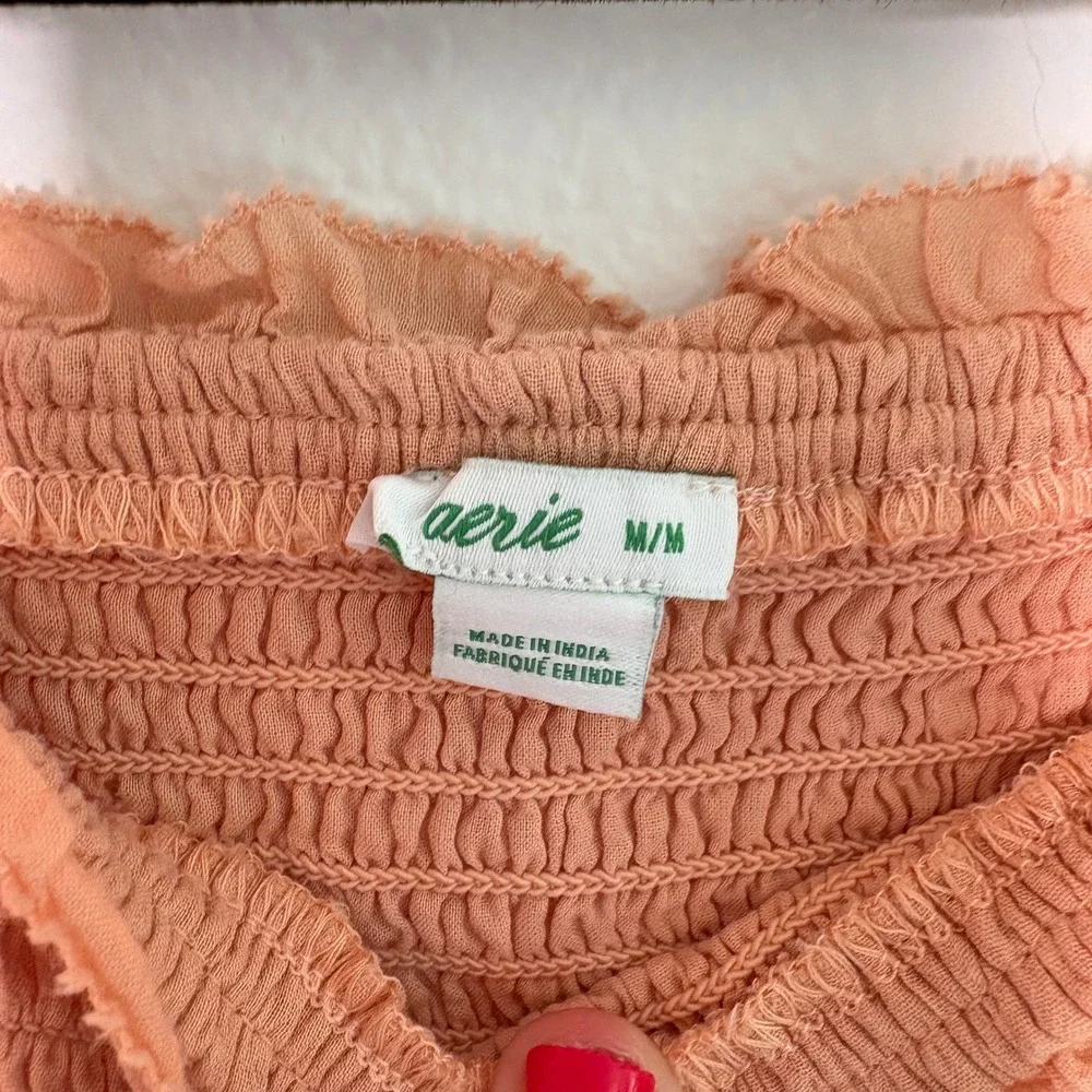 Aerie Smocked Mini Dress Peach Apricot Tie Shoulder Ruffle Hem Womens Medium - Picture 6 of 9